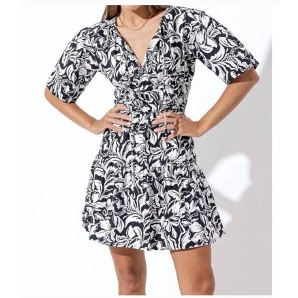 LUSANA Mini Dress Cinched Waist Sz S Black White Floral Cotton Resort Festival